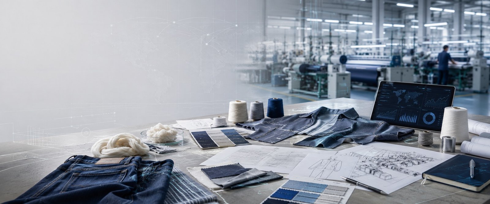Textile mill, fabric swatches, and technical drawings