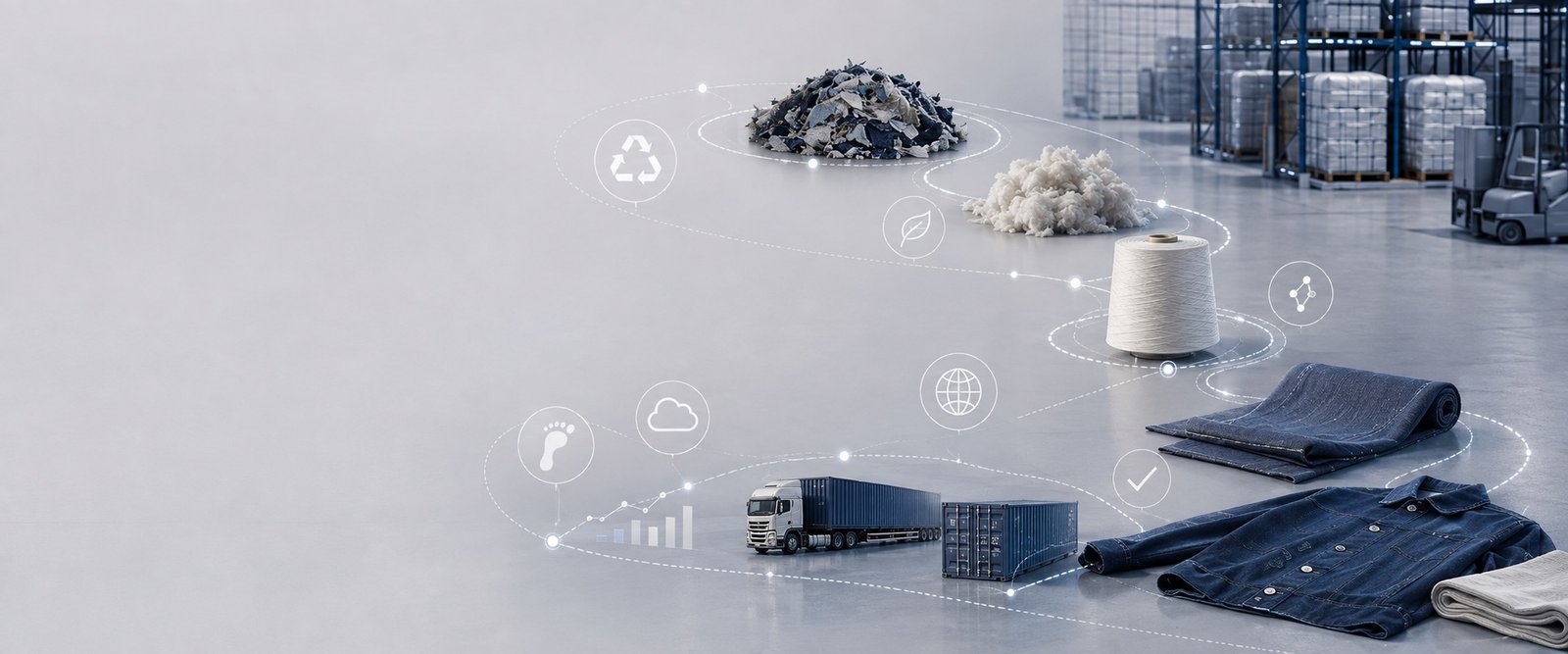 Circular textile supply chain: recycled fiber, yarn, denim, and freight